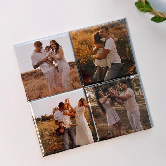 Four square photo magnets displaying family memories, arranged together on a light background.