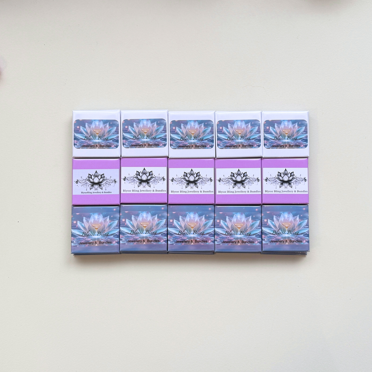  Grid of custom branded magnets for Blysse Bling Jewellery and Bundles — bulk personalised logo magnets handmade in Melbourne Australia