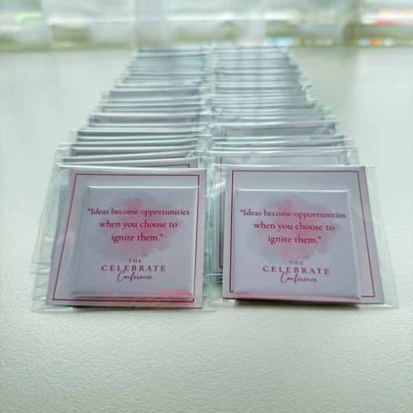  Rows of bulk custom event magnets for The Celebrate Conference individually packaged — personalised branded magnets handmade in Melbourne Australia