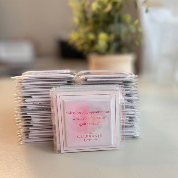 Large bulk order of custom event magnets for The Celebrate Conference — personalised branded magnets handmade in Melbourne Australia