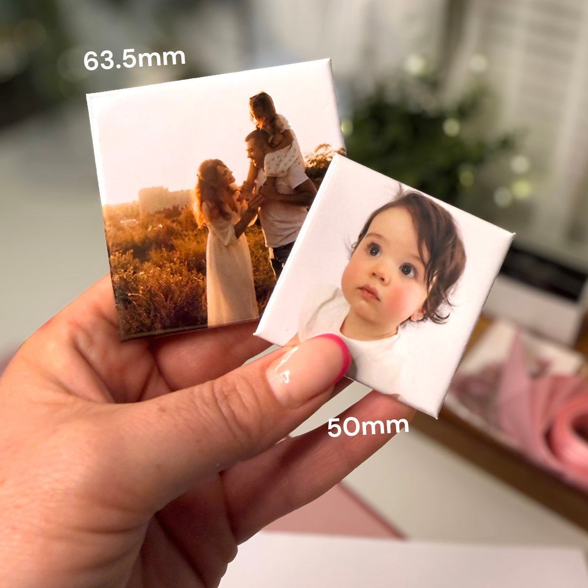 50mm and 63.5mm custom photo magnets held in hand - handmade in Melbourne