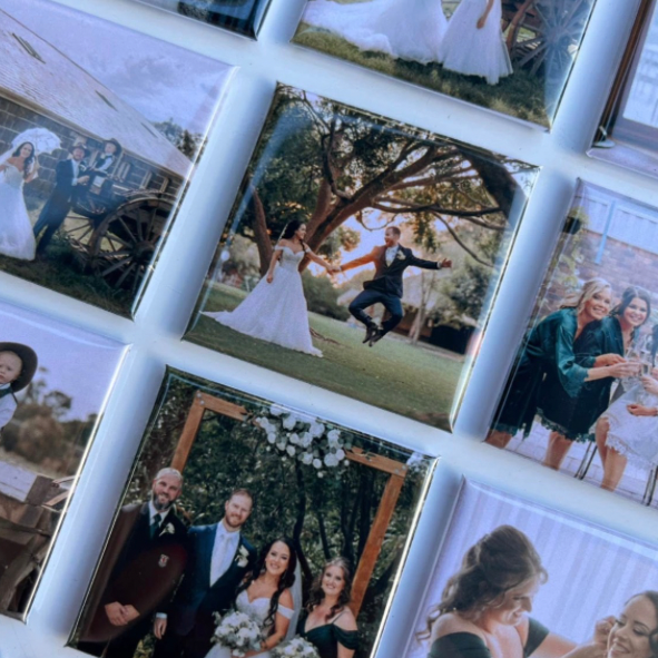 Grid of custom wedding photo magnets showing bride, groom and bridal party — personalised wedding keepsake magnets handmade in Melbourne Australia